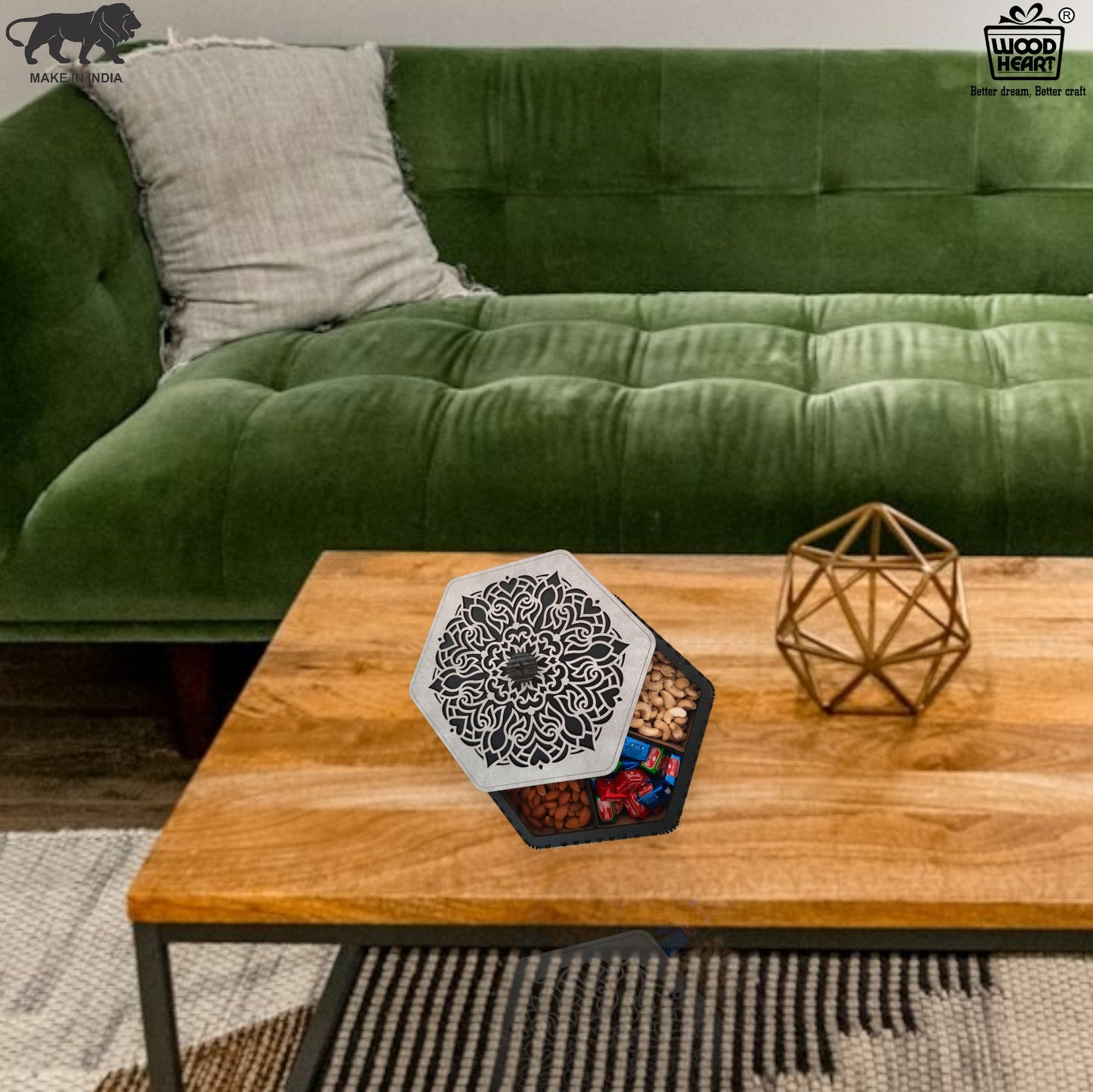 Hexagon Wooden Dry Fruit Box with Designer Laser-Cut Lid