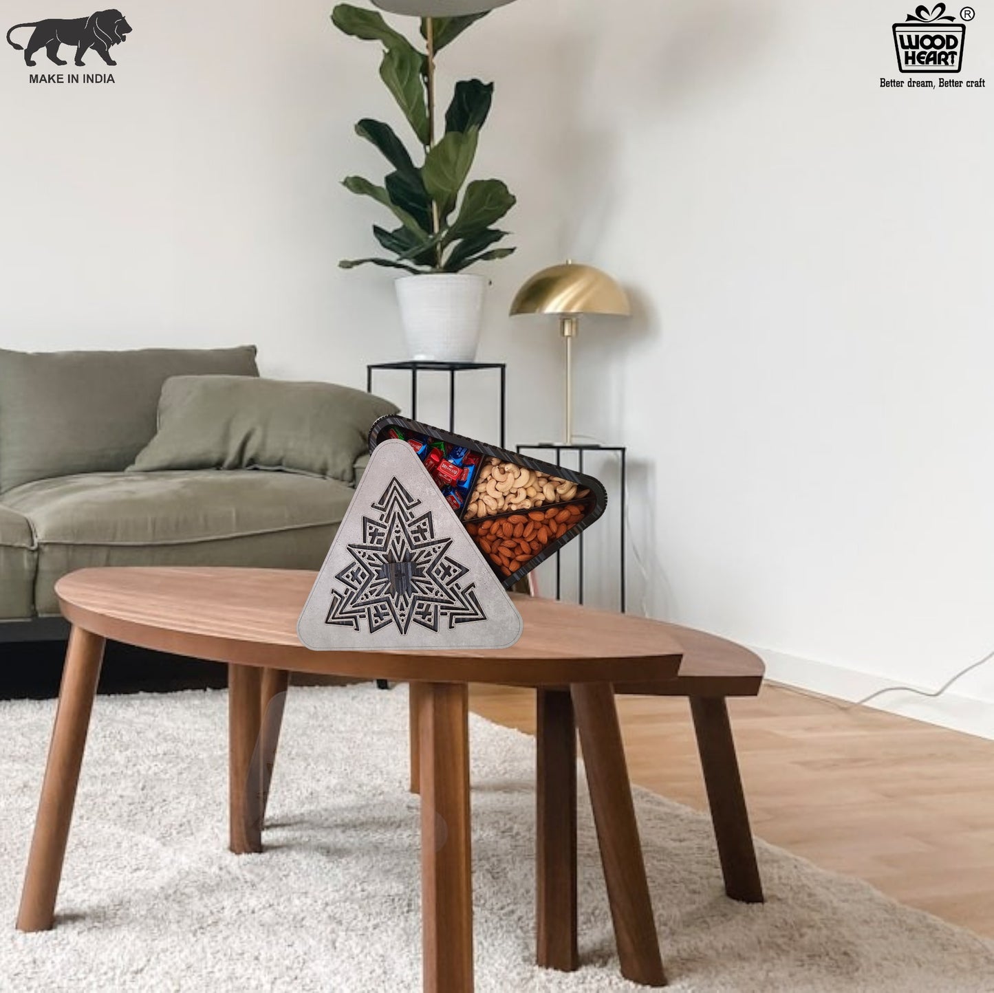 Premium Triangular Wooden Dry Fruit Box with Geometric Laser-Cut Lid