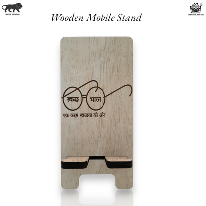 Wooden Mobile Stand with “Swachh Bharat” Engraving | Desk Phone Holder