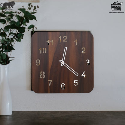 Wood Heart Premium Square Wooden Wall Clock – Elegant Dark Walnut Finish