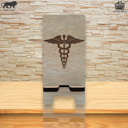 Wooden Mobile Stand with Medical Symbol Engraving | Doctor's Desk Phone Holder