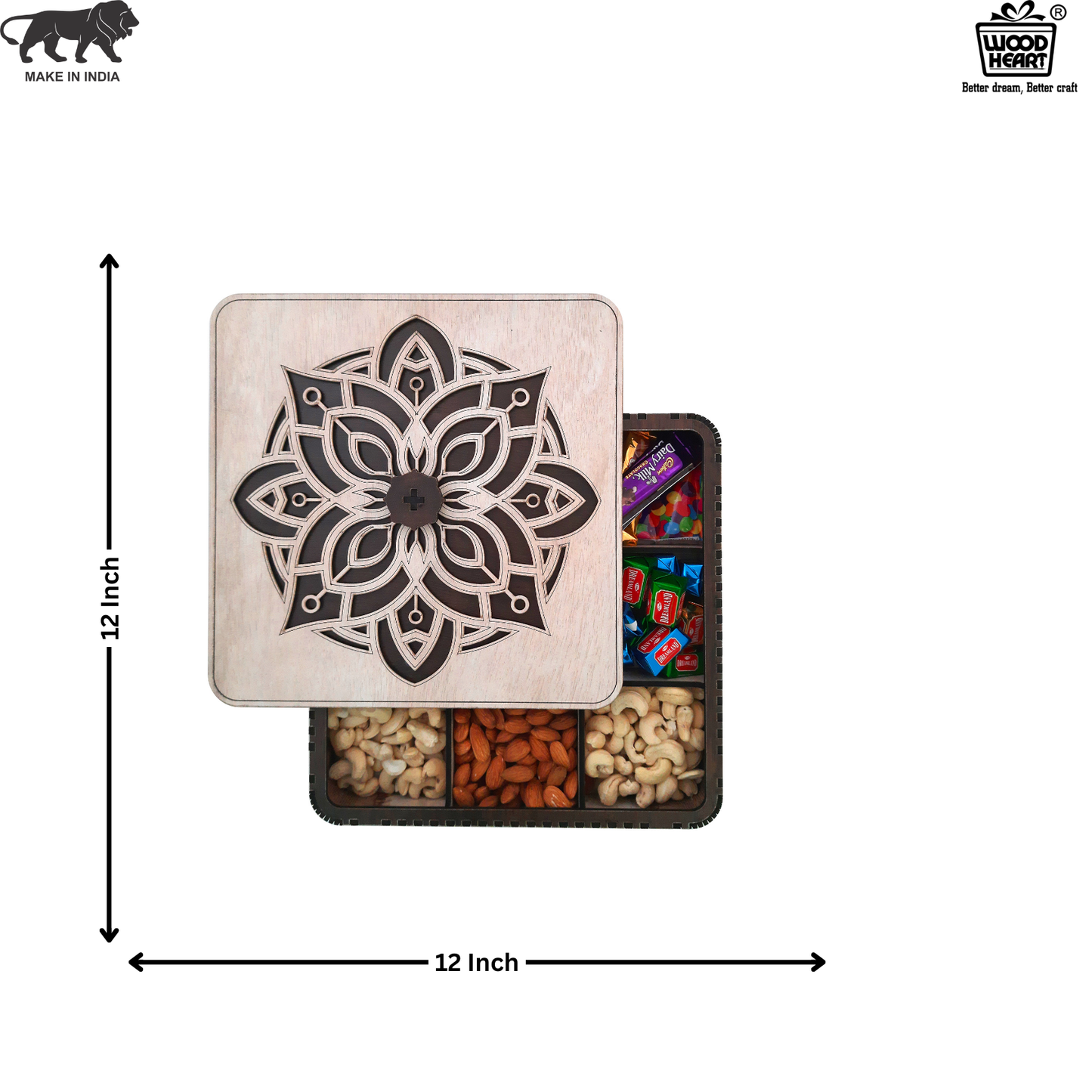 Premium Wooden Dry Fruit & Chocolate Box with Mandala Design Lid