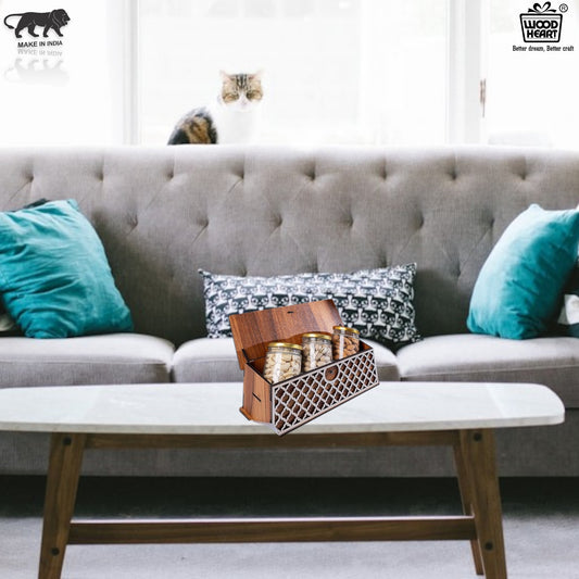 Wooden Decorative Storage Box – Long Rectangular Jar/Utility Organizer with Laser-Cut Front