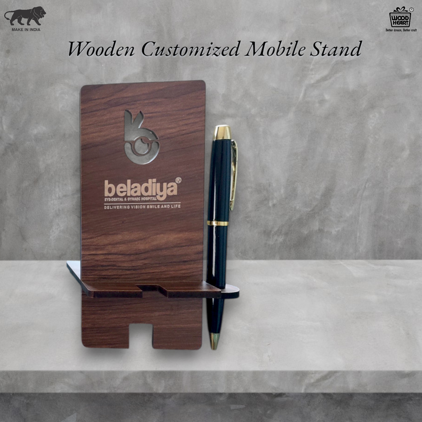 Premium Wooden Customized Mobile Stand with Pen Holder – Personalized Desk Accessory