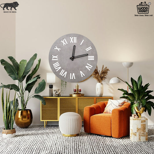 Roman Numeral Round Wall Clock with Concrete Finish – Classic Meets Contemporary