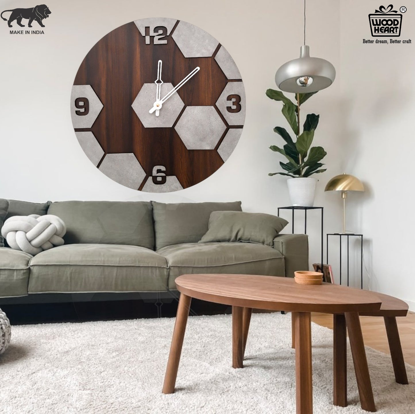 Hexagon Pattern Wooden Wall Clock – Modern Concrete Look by Wood Heart