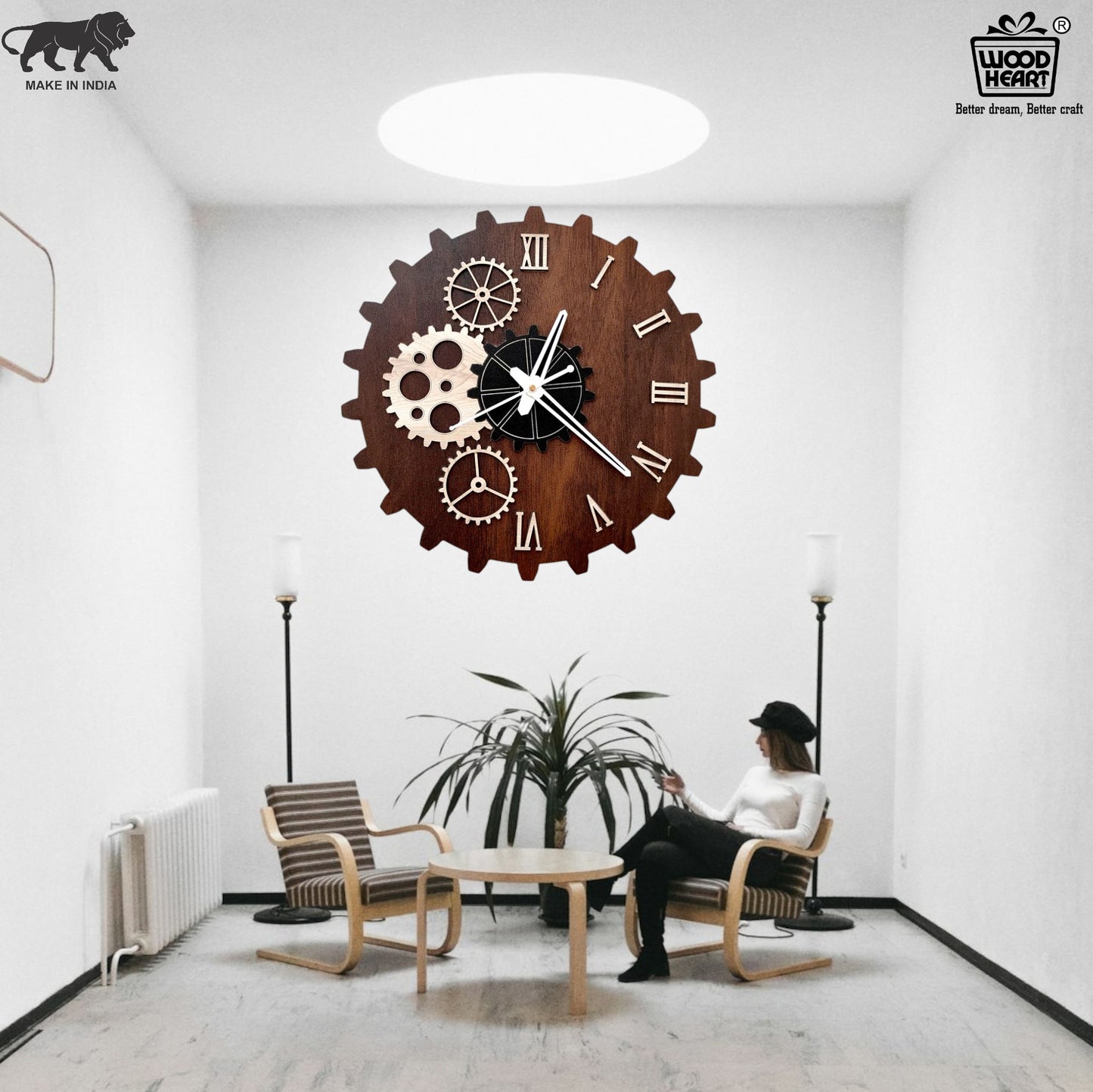 Wood Heart Gear-Themed Designer Wall Clock – Steampunk Style with Roman Numerals