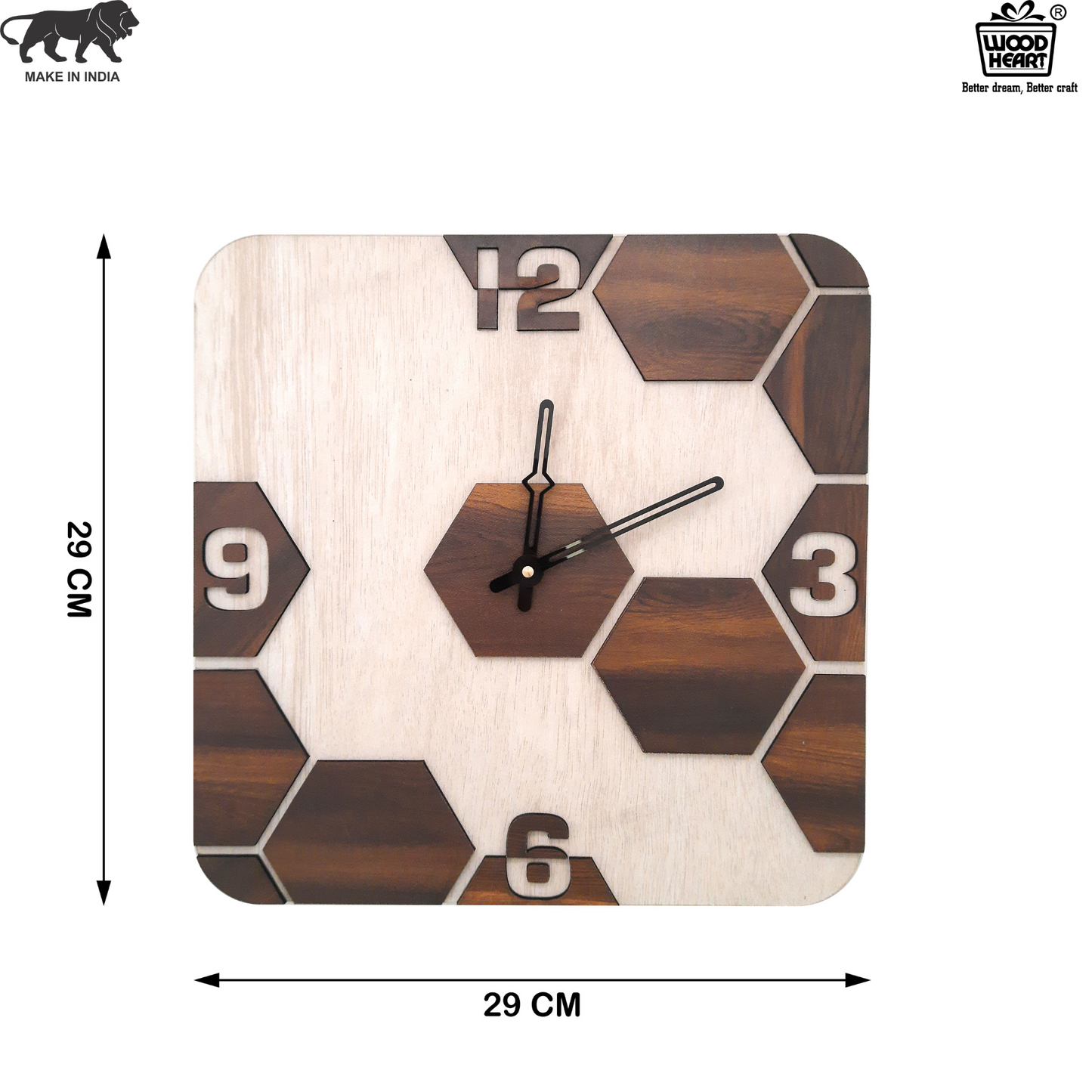 Square Dual-Tone Hexa Design Wooden Wall Clock – Light & Dark Wood Finish by Wood Heart