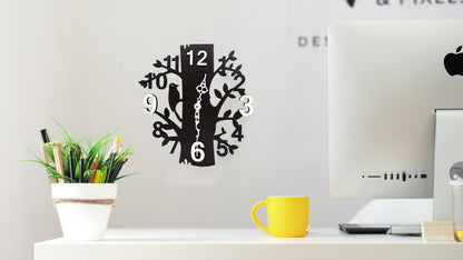 Wooden Tree Design Wall Clock with Bird Cutout