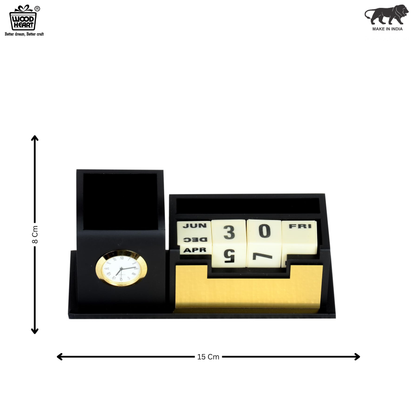 Wooden Desk Organizer with Clock and Perpetual Calendar | Pen Holder with Date Display