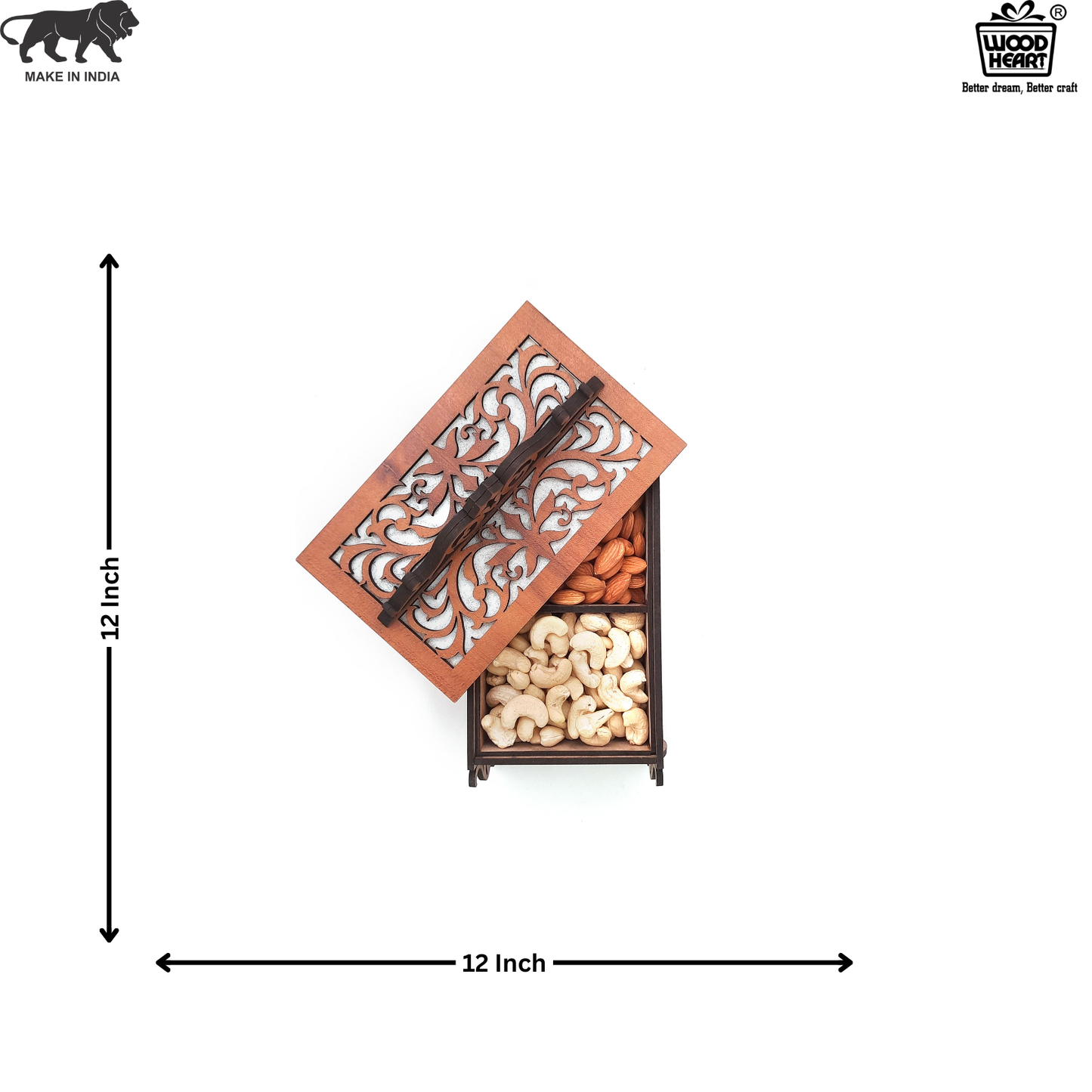 Elegant Wooden Dry Fruit Box with Decorative Laser-Cut Lid & Handle
