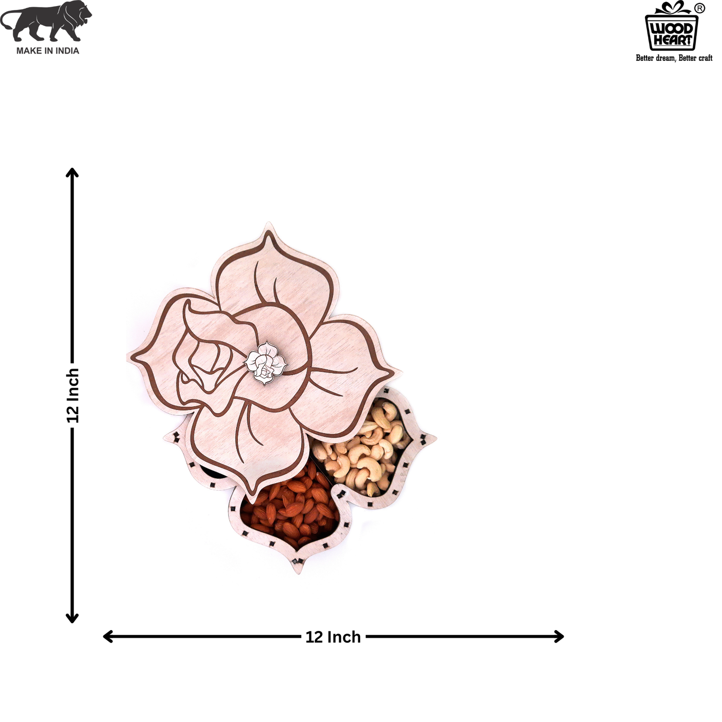 Rose-Themed Wooden Dry Fruit Box with Artistic Petal Lid