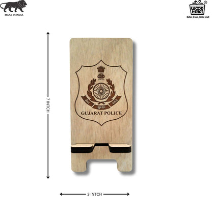 Wooden Mobile Stand with Gujarat Police Emblem – Laser Engraved Desk Holder