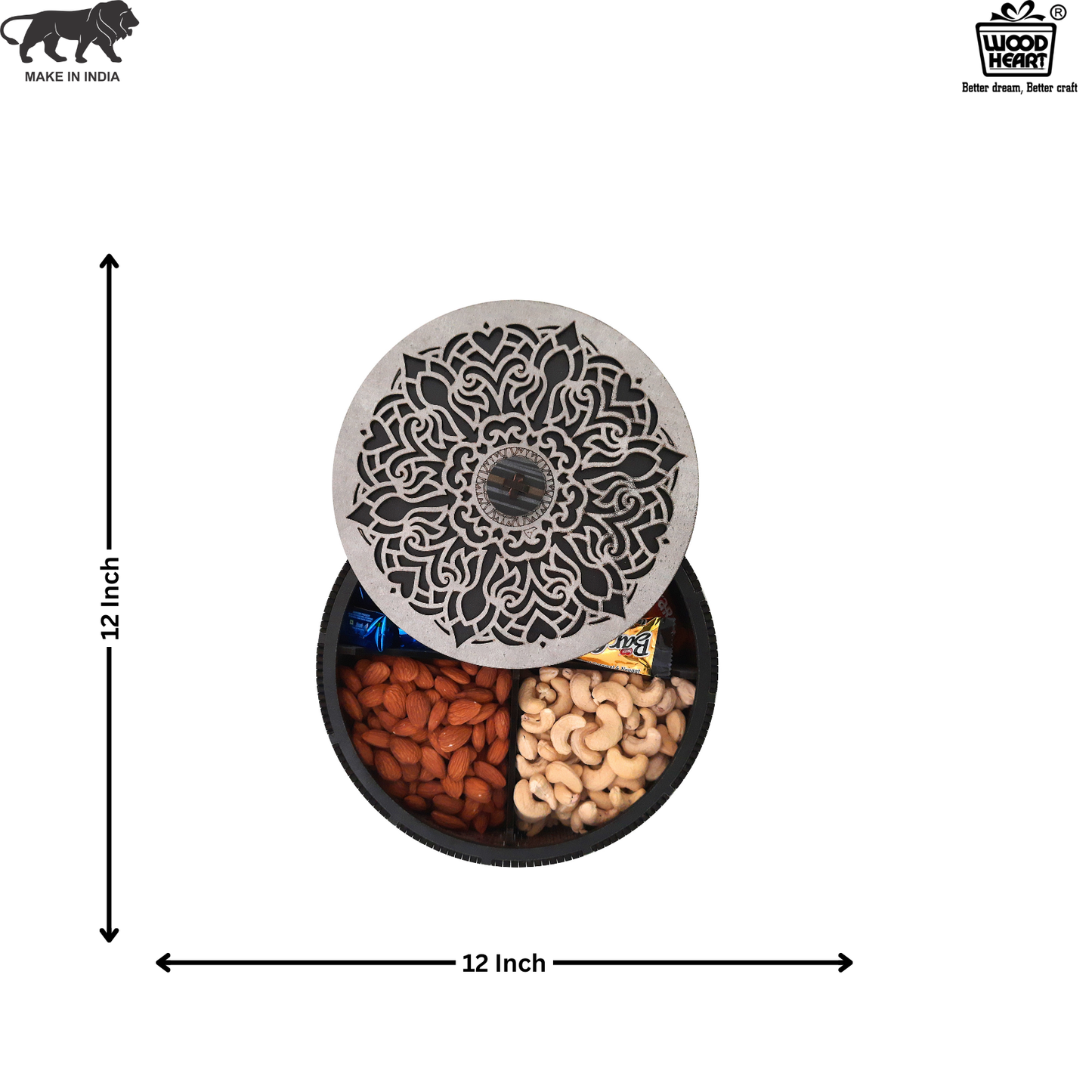 Round MDF Wooden Dry Fruit Box with Floral Laser-Cut Lid