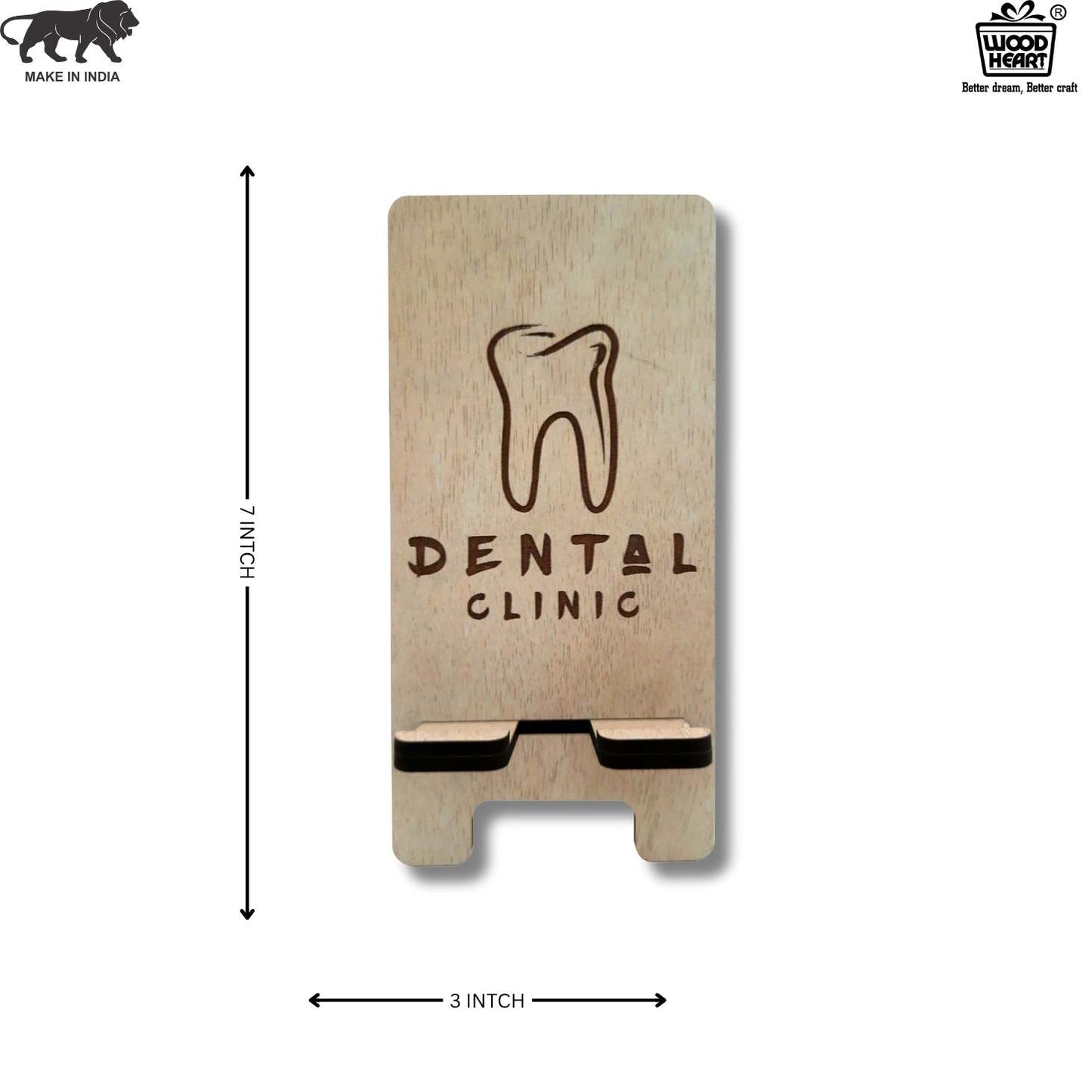 Wooden Mobile Stand with Dental Clinic Engraving – Tooth Design Holder