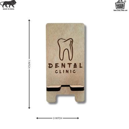Wooden Mobile Stand with Dental Clinic Engraving – Tooth Design Holder
