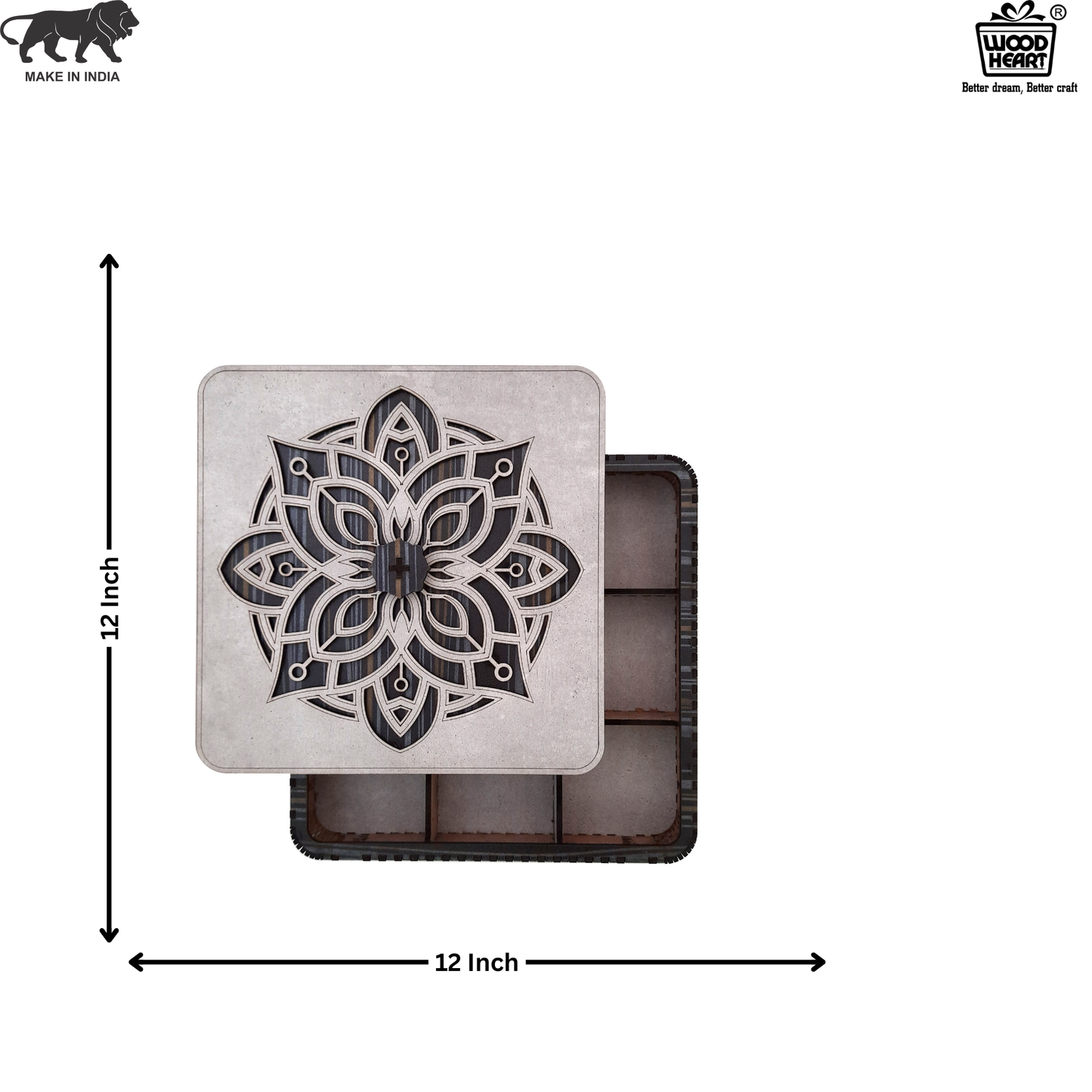 Premium Wooden Dry Fruit Box with Mandala Carved Lid – 9 Partitions