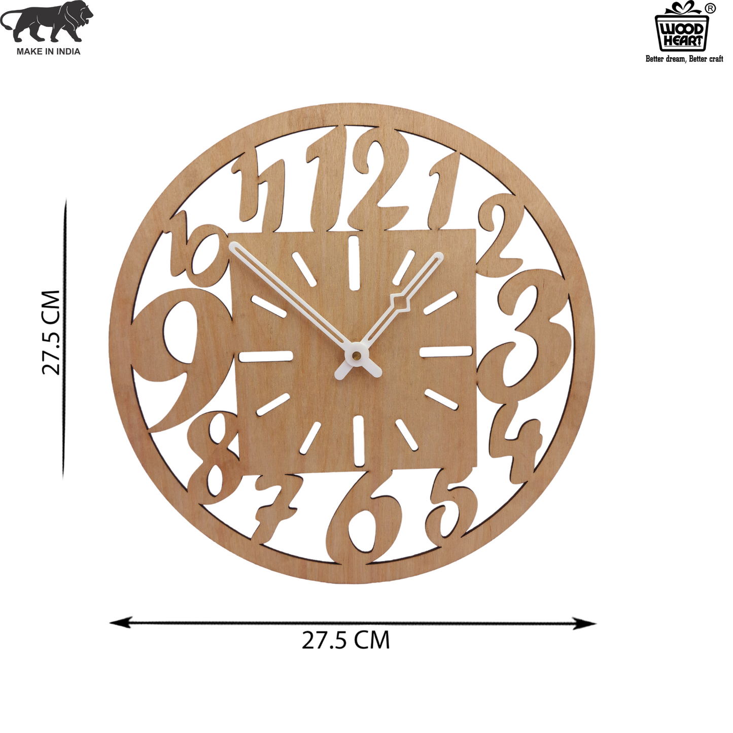 Wooden Designer Wall Clock with Oversized Cut-Out Numbers & Square Dial