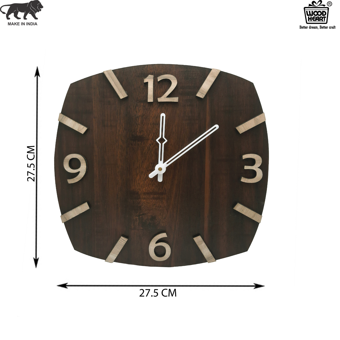 Curved Square Wooden Wall Clock with 3D Numerals