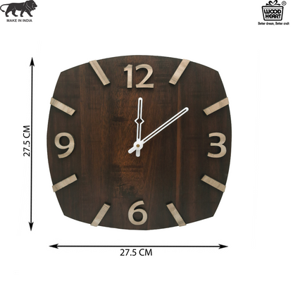Curved Square Wooden Wall Clock with 3D Numerals