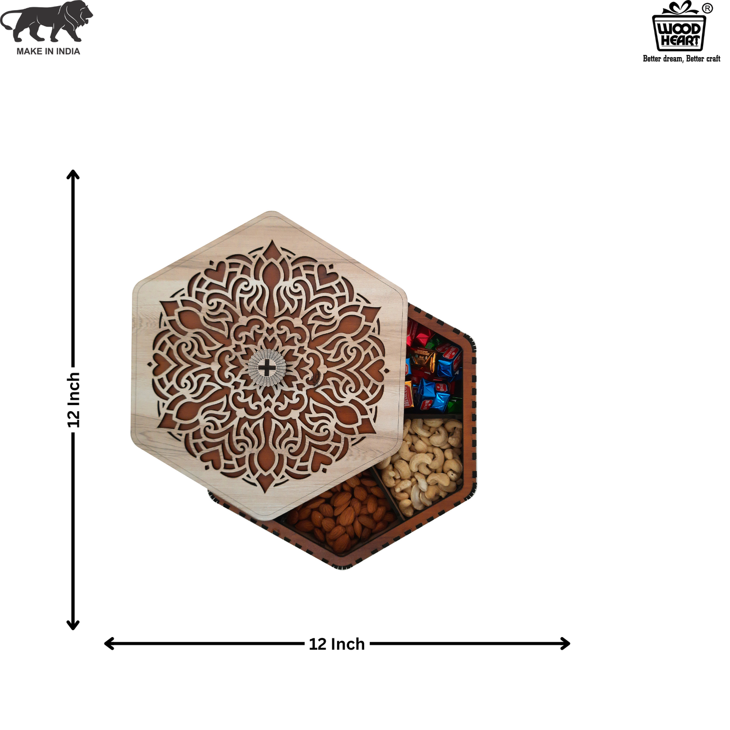 Hexagon Wooden Dry Fruit Gift Box with Elegant Mandala Laser-Cut Lid