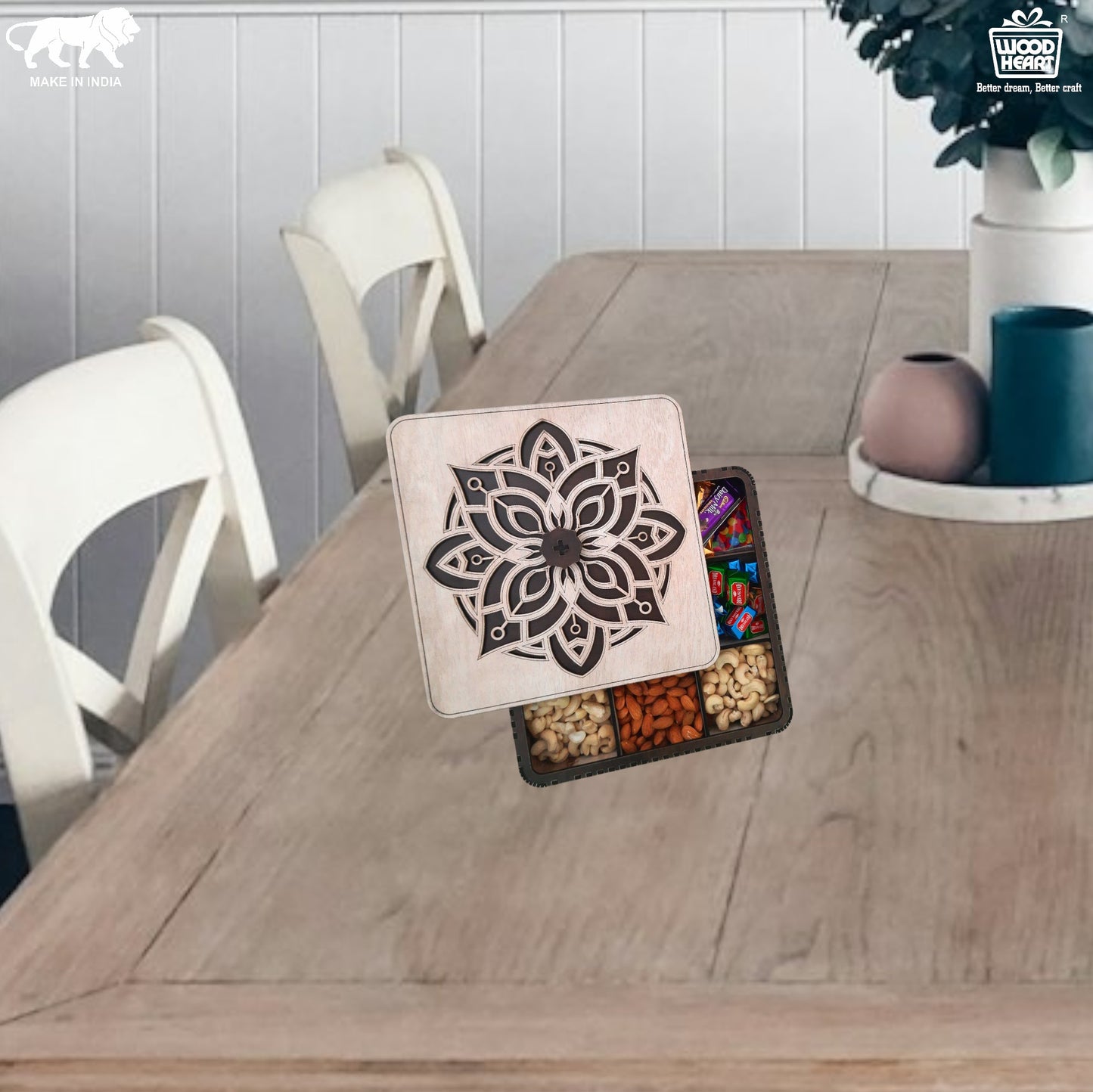 Premium Wooden Dry Fruit & Chocolate Box with Mandala Design Lid