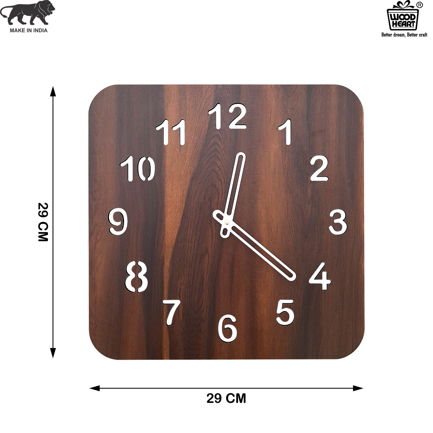 Wood Heart Premium Square Wooden Wall Clock – Elegant Dark Walnut Finish