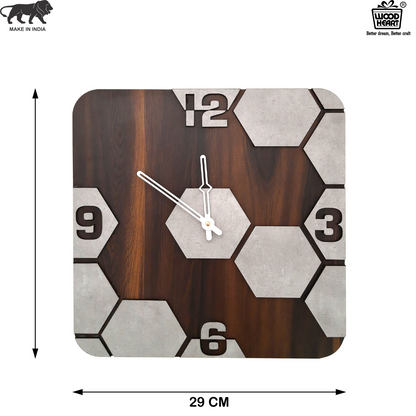 Square Hexa Pattern Wooden Wall Clock – Cement Texture Design by Wood Heart