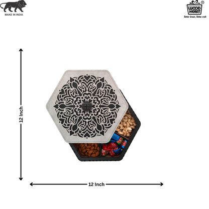 Hexagon Wooden Dry Fruit Box with Designer Laser-Cut Lid