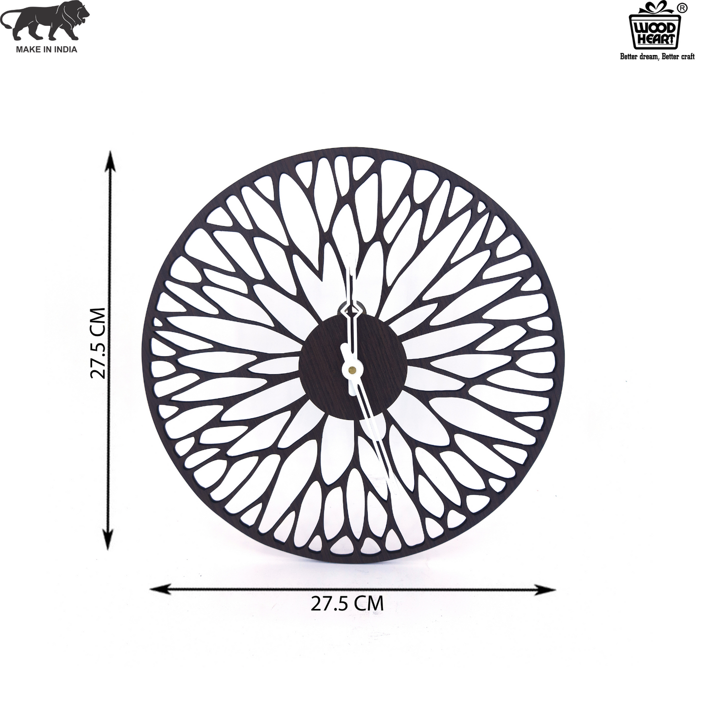 Designer Acrylic Wall Clock - Leaf Pattern Cutwork | Black & White