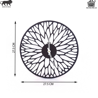 Designer Acrylic Wall Clock - Leaf Pattern Cutwork | Black & White