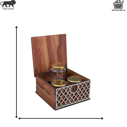 Wooden Spice Jar Box with Lid – 3 Jar Container with Decorative Front Panel