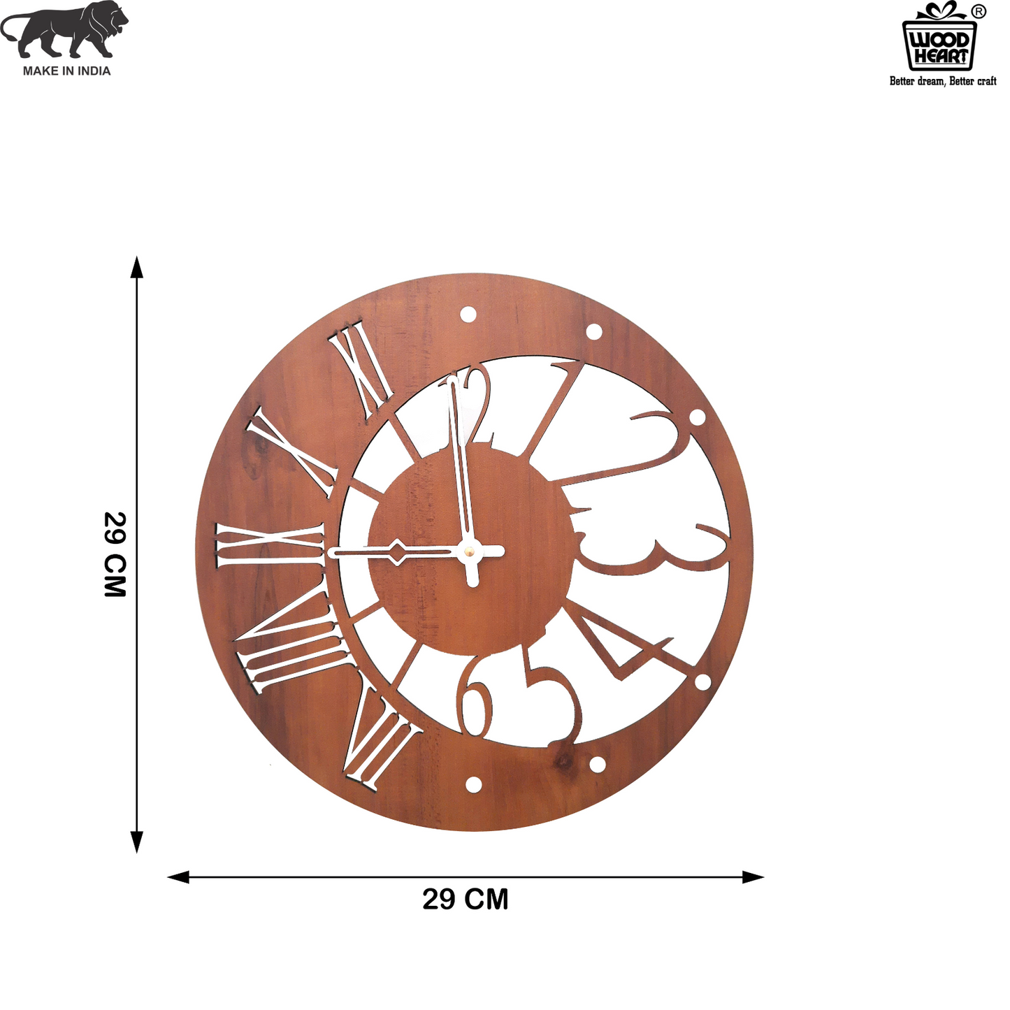 Wood Heart Dual-Dial Fusion Wall Clock – Roman & Modern Cutout Design