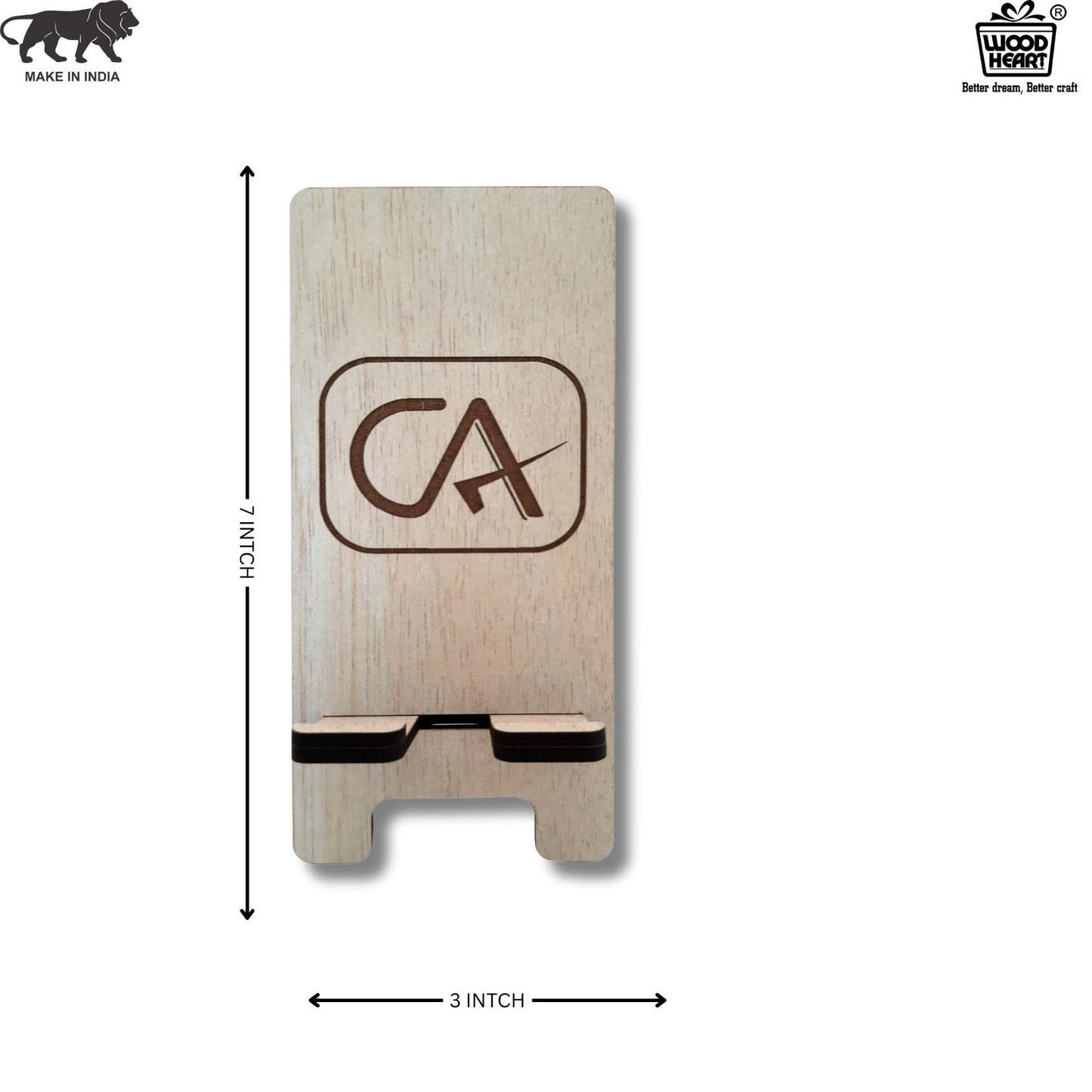 Customized Wooden Mobile Stand for CA – Laser Engraved Chartered Accountant Logo