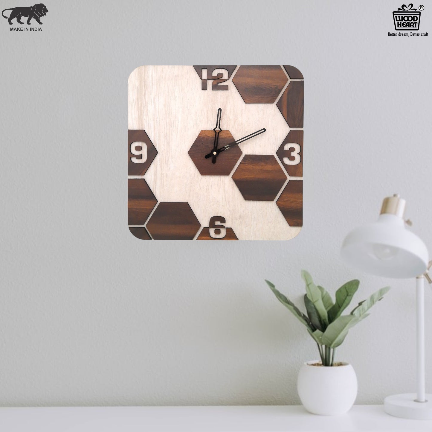 Square Dual-Tone Hexa Design Wooden Wall Clock – Light & Dark Wood Finish by Wood Heart
