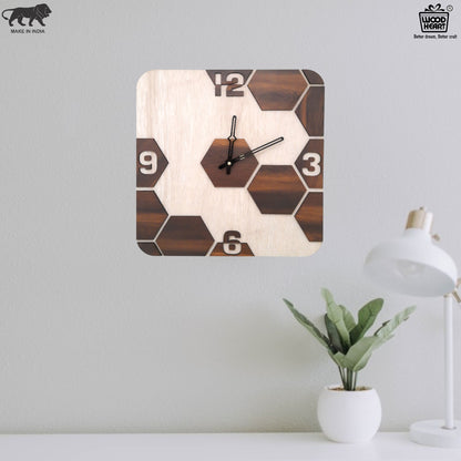 Square Dual-Tone Hexa Design Wooden Wall Clock – Light & Dark Wood Finish by Wood Heart