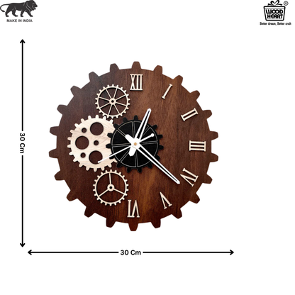 Wood Heart Gear-Themed Designer Wall Clock – Steampunk Style with Roman Numerals