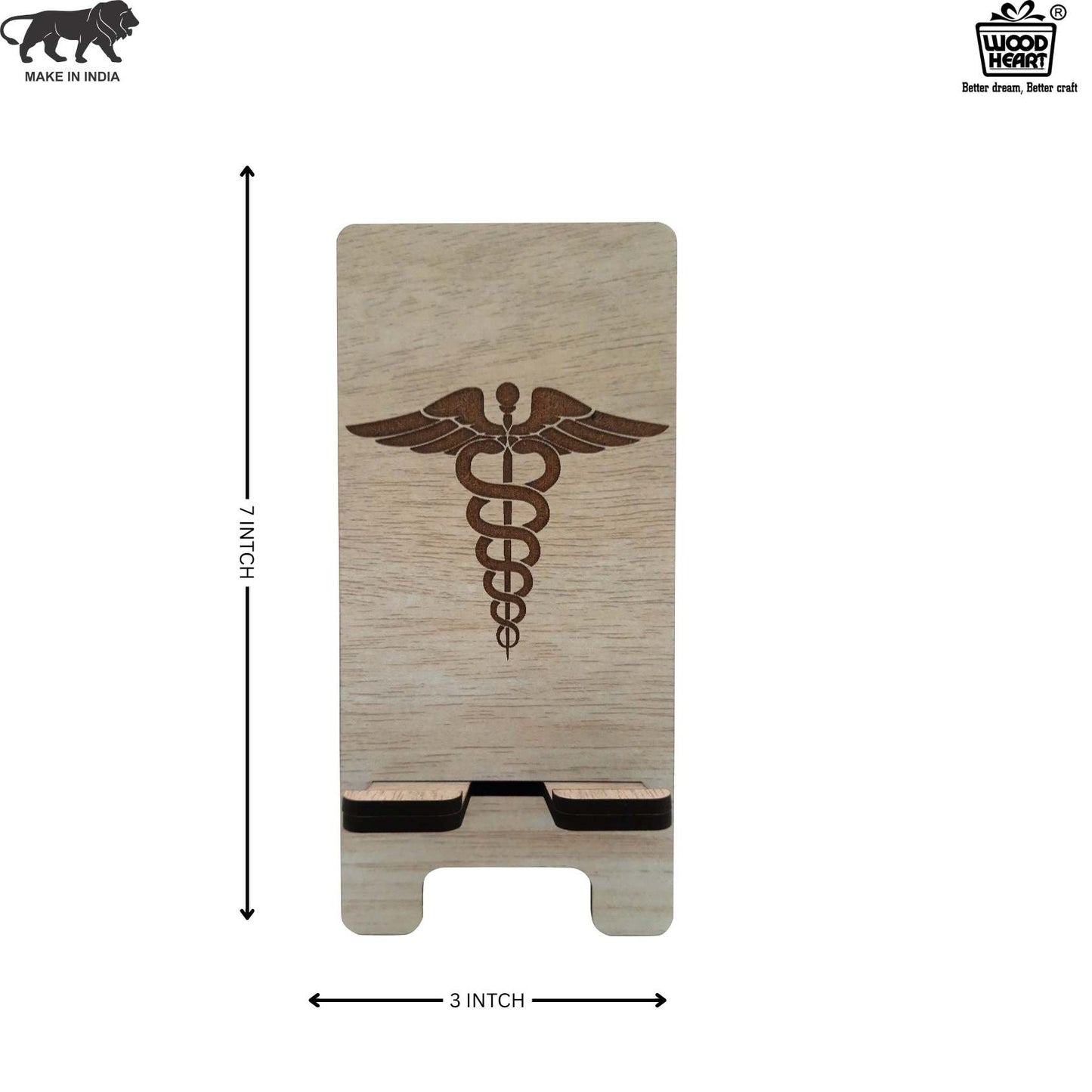 Wooden Mobile Stand with Medical Symbol Engraving | Doctor's Desk Phone Holder