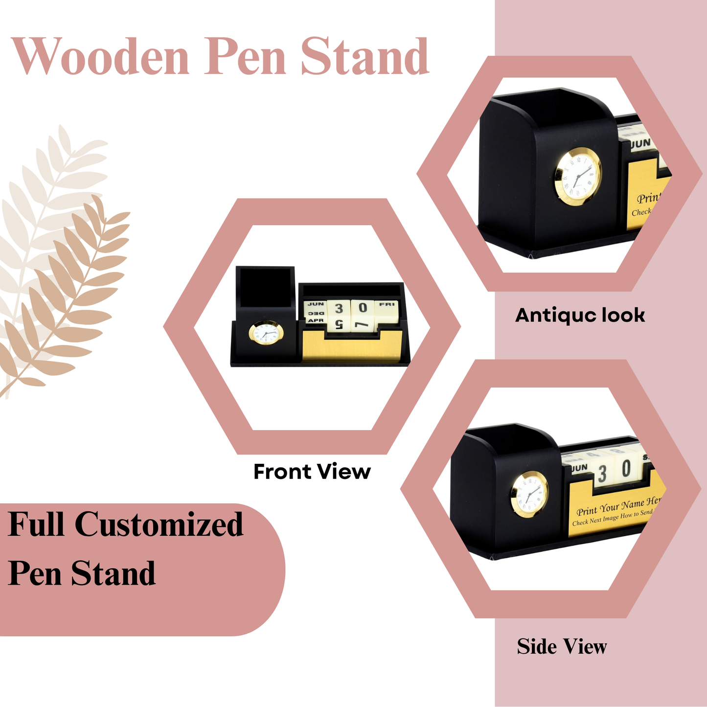 Wooden Desk Organizer with Clock and Perpetual Calendar | Pen Holder with Date Display