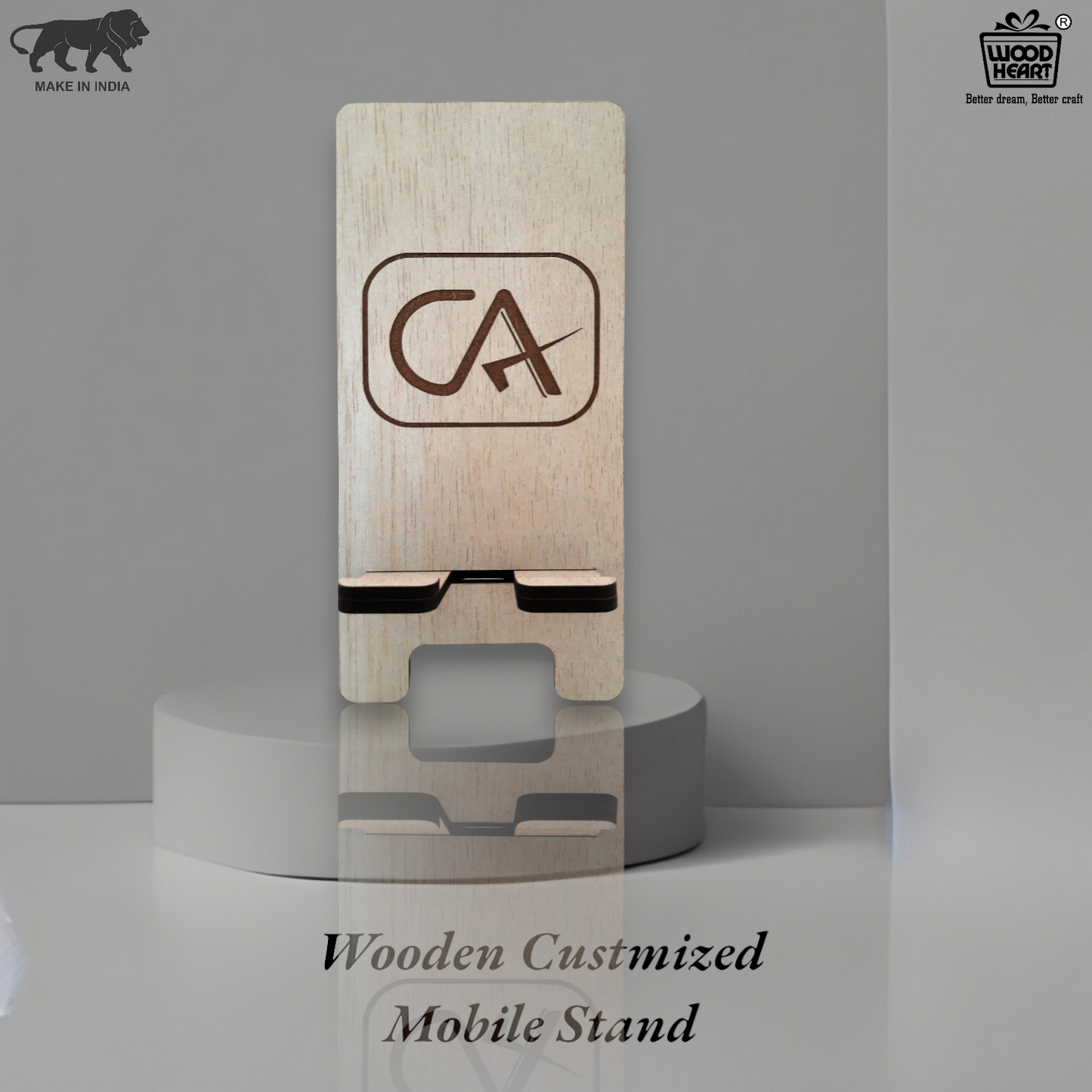 Customized Wooden Mobile Stand for CA – Laser Engraved Chartered Accountant Logo