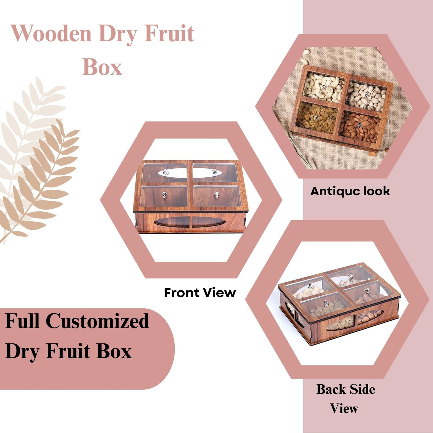 Wooden Dry Fruit Box with 4 Transparent Compartments