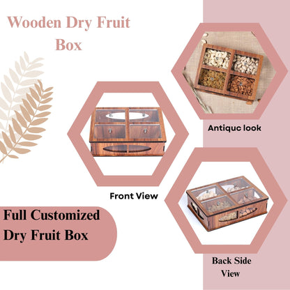 Wooden Dry Fruit Box with 4 Transparent Compartments