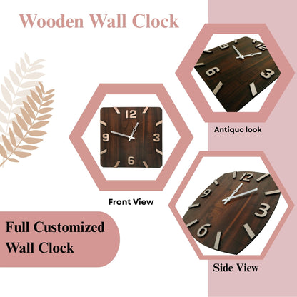 Square Wooden Wall Clock with Bold 3D Numbers – Dark Brown Finish by Wood Heart