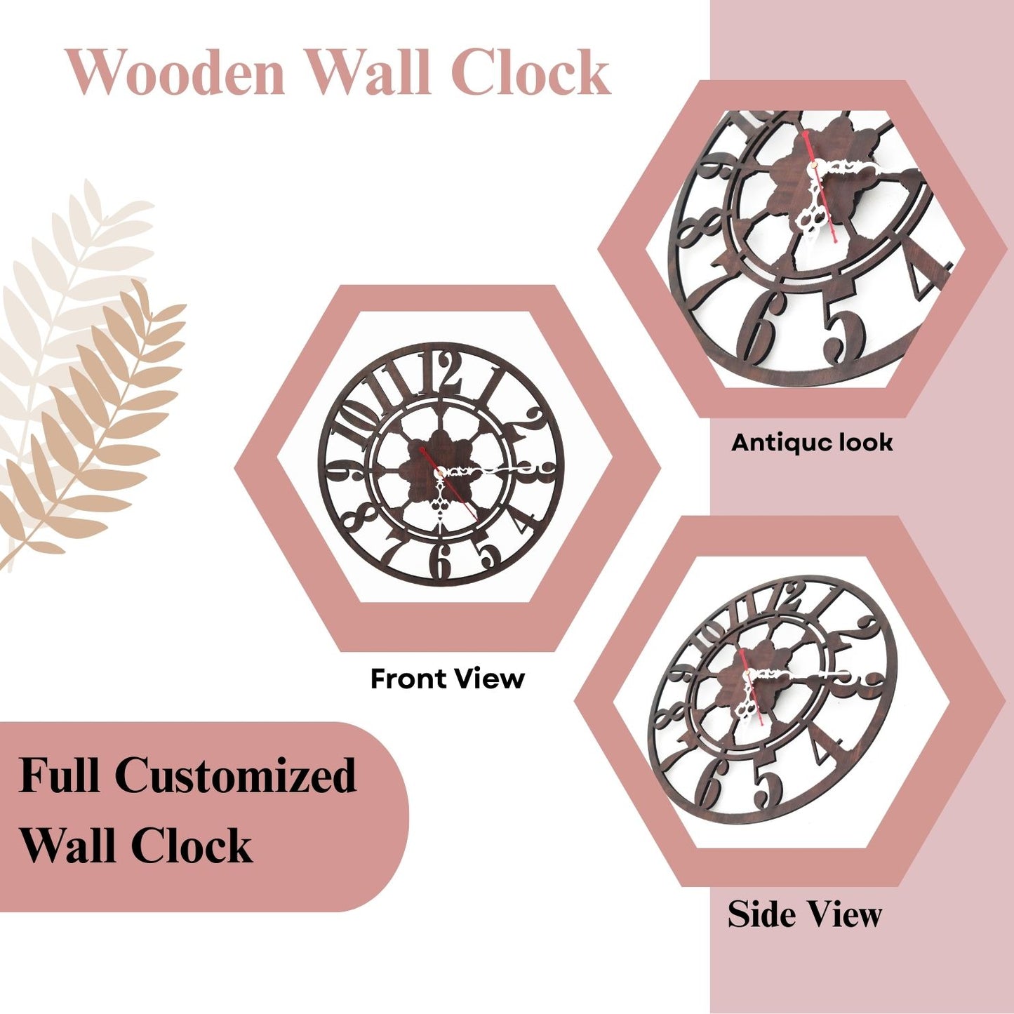 Vintage Floral Wooden Wall Clock – Laser Cut Roman Style by Wood Heart