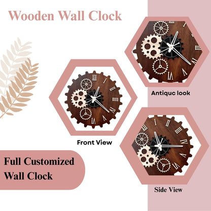 Wood Heart Gear-Themed Designer Wall Clock – Steampunk Style with Roman Numerals
