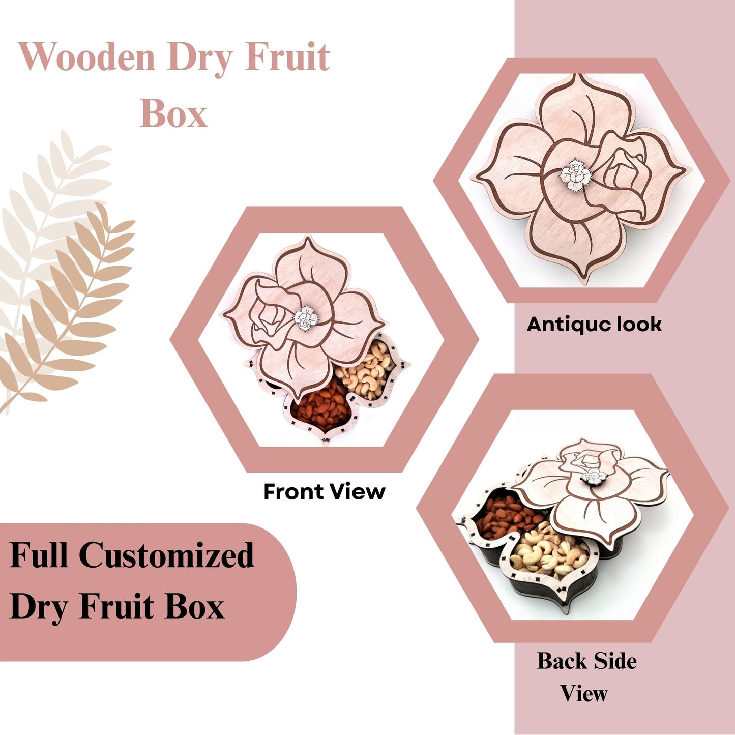Rose-Themed Wooden Dry Fruit Box with Artistic Petal Lid