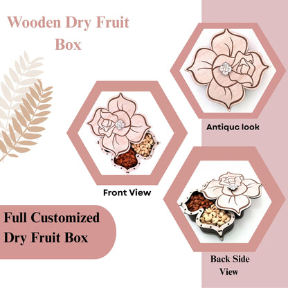 Rose-Themed Wooden Dry Fruit Box with Artistic Petal Lid