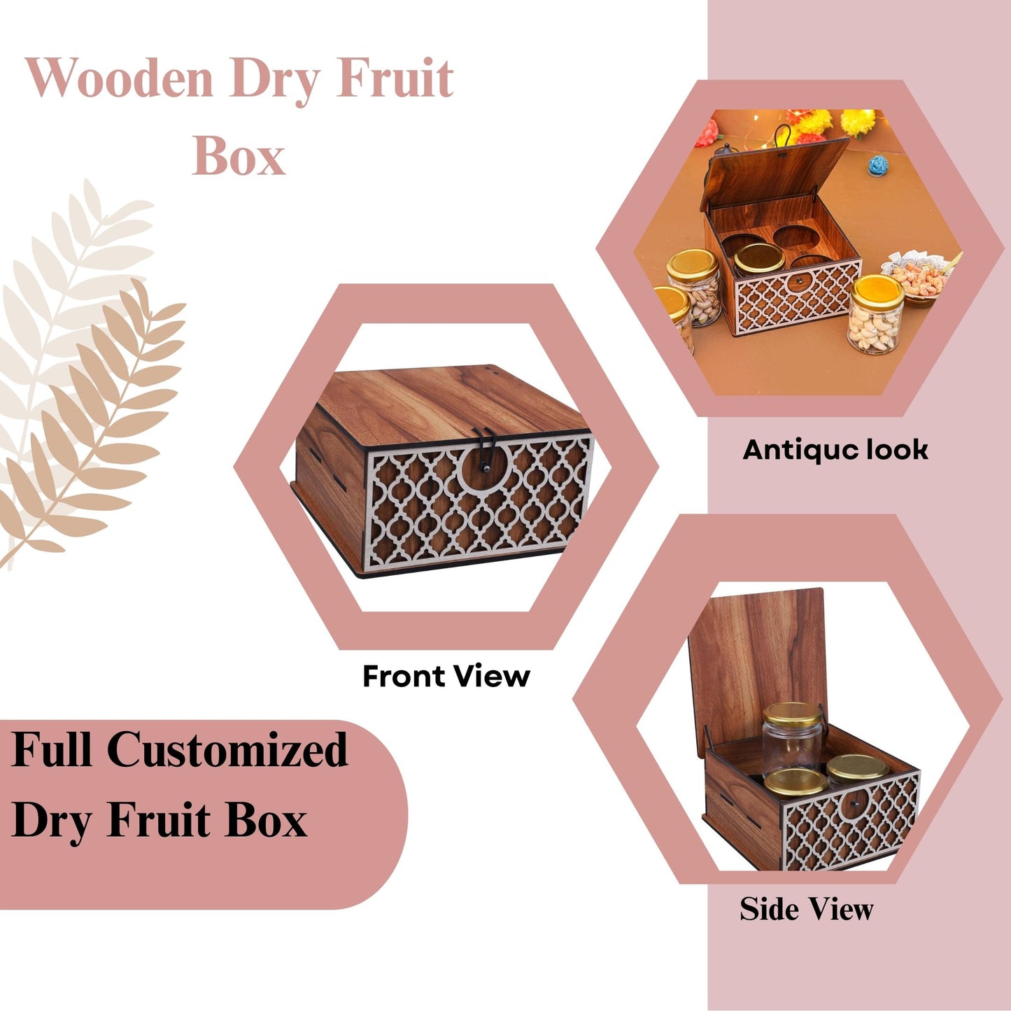 Wooden Spice Jar Box with Lid – 3 Jar Container with Decorative Front Panel