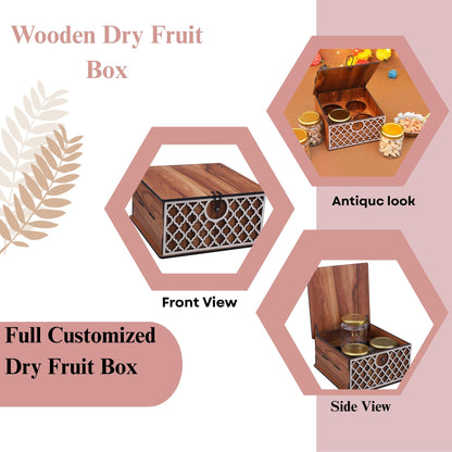 Wooden Spice Jar Box with Lid – 3 Jar Container with Decorative Front Panel