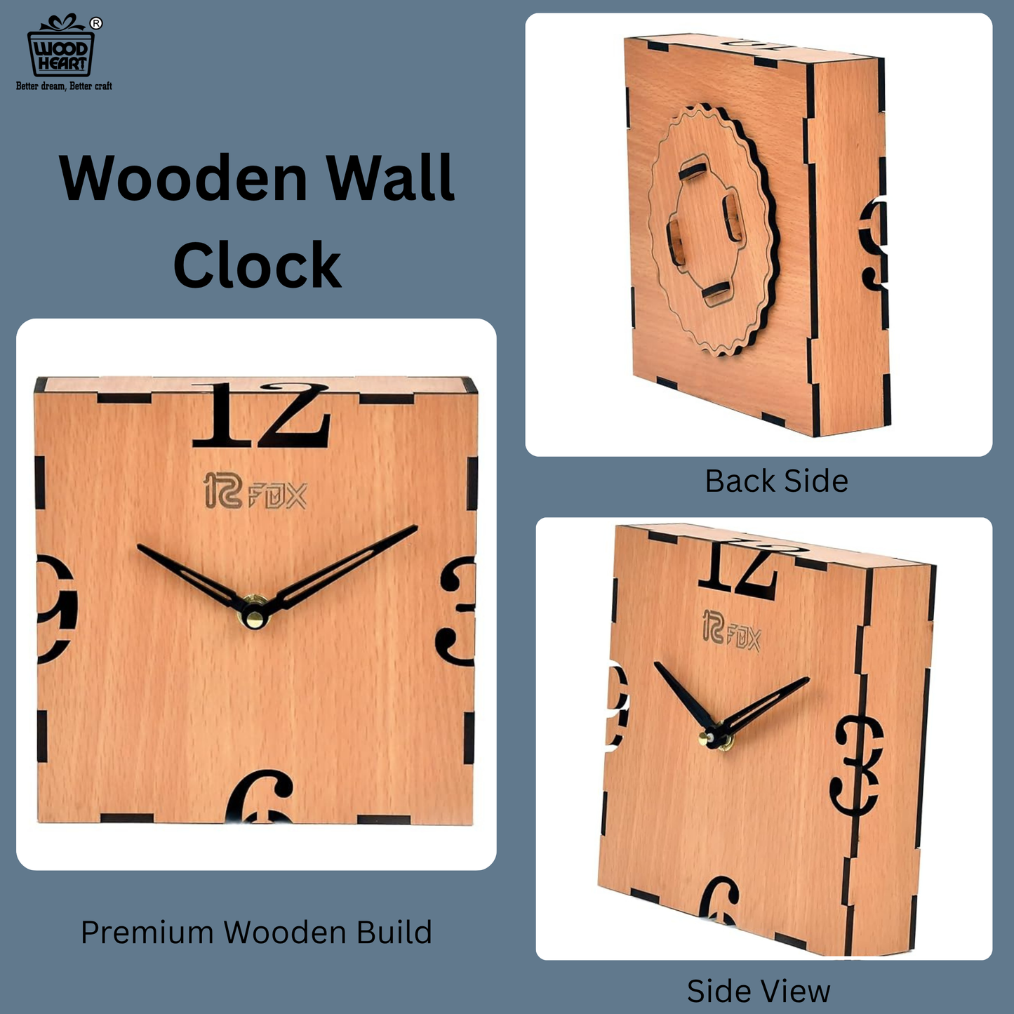 Wood Heart Minimalist Square Wooden Wall Clock – Elegant Light Wood Finish